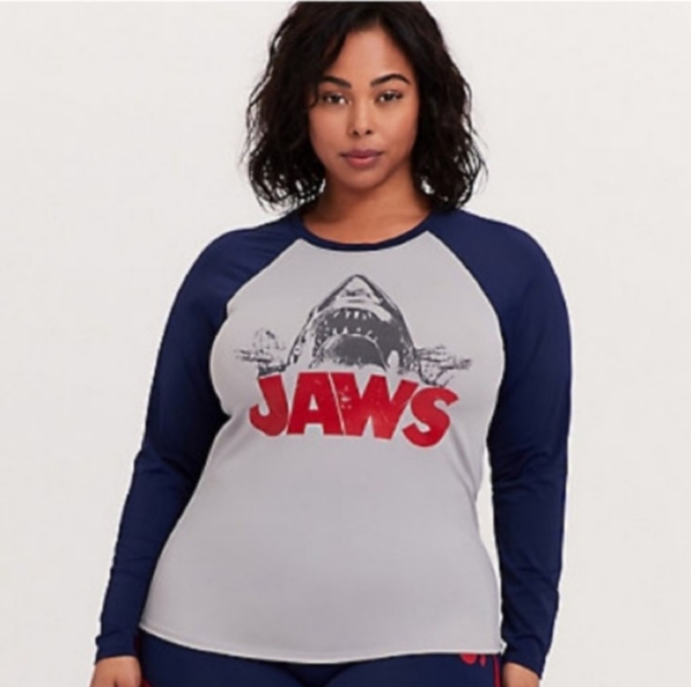Torrid Grey and Blue Jaws Shark Swim Rash Guard Shirt
